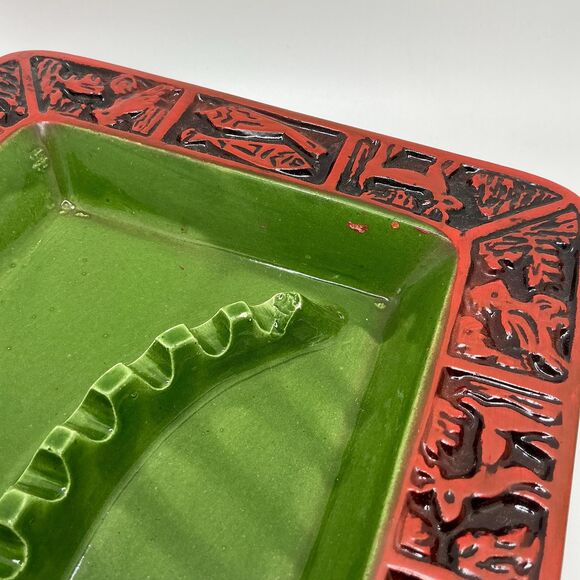 Vintage ceramic green & brick red rectangle ashtray | mid-century | man cave - Picture 4 of 8